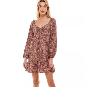 Lily Rose Brown Drop Waist Floral Long Balloon Sleeve Babydoll Mini Dress NWOT